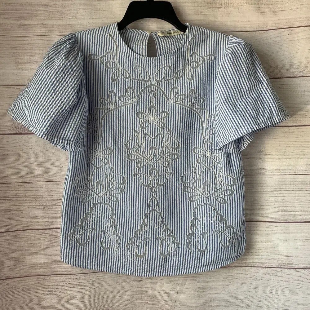 Zara Blue White Striped Blouse Sheer Floral Cutout Details Puff Sleeves Size S
